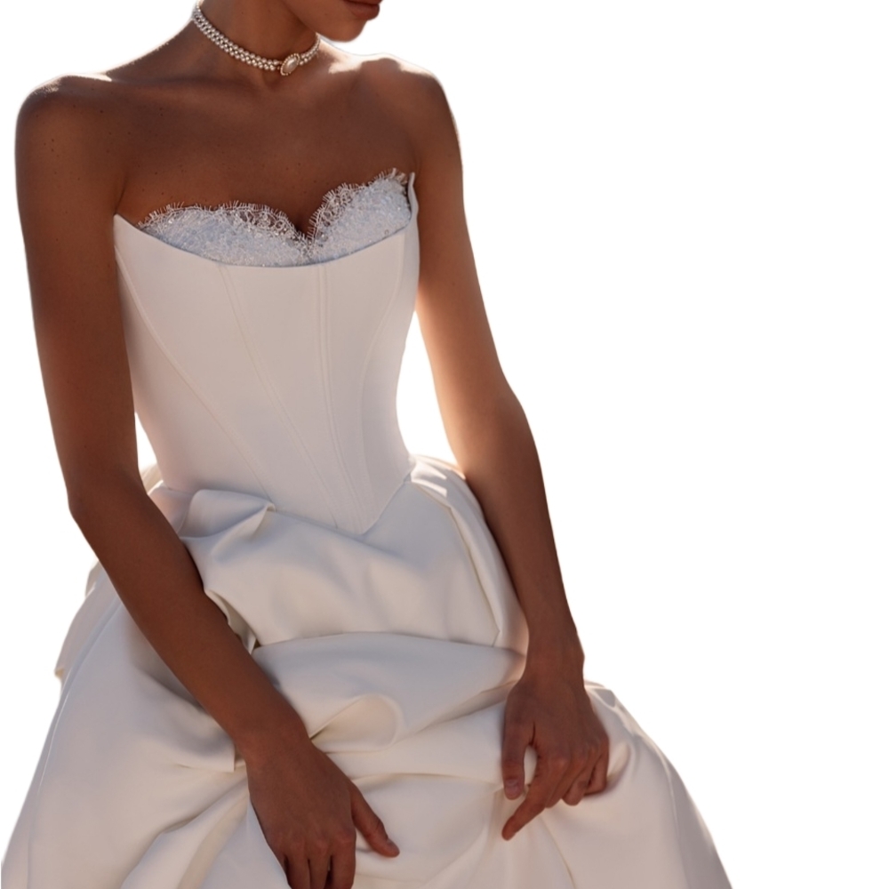 Strapless White Lace-Trim Corset Wedding Dress 5722 - Picture 1 of 5